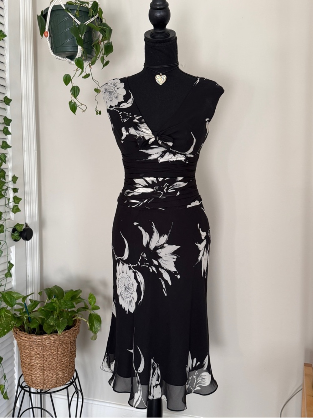 100% Silk Black & White Floral Wrap Dress - Elegant Women's Dress